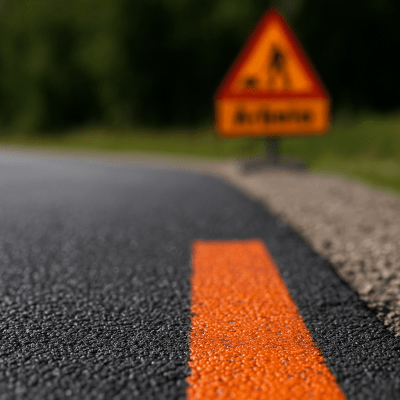 Närbild på asfalterad väg med reflekterande linje – symboliserar trafiksäkerhetsutbildning.