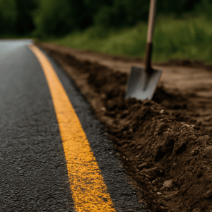 Grov asfaltskant och grusmiljö med spår av vägarbete.