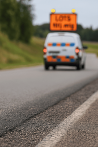 Suddig lotsbil i bakgrunden med tydlig orange skylt – symbol för vakt- och lotsarbete.