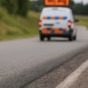 Suddig lotsbil i bakgrunden med tydlig orange skylt – symbol för vakt- och lotsarbete.