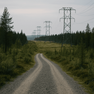 Grusväg som leder mot en kraftledningsgata i Norrbotten, omgiven av gles skog under klar himmel.