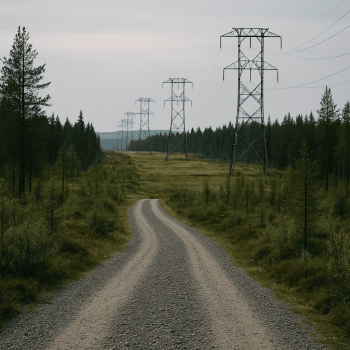 Grusväg som leder mot en kraftledningsgata i Norrbotten, omgiven av gles skog under klar himmel.