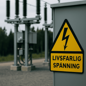 Modern svensk elstation med grusunderlag och diskreta varningsskyltar för livsfarlig spänning.